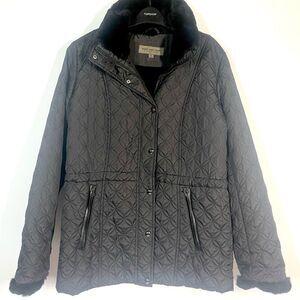 Marc New York Andrew Marc Faux Fur Trim Charcoal Black Warm Quilted Coat Women M